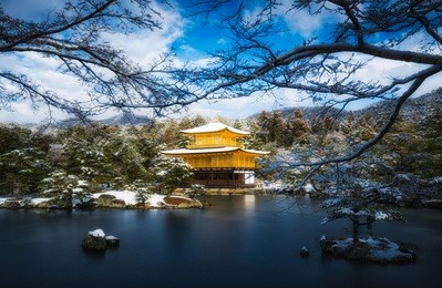 kinkakuji golden pavilion temple with snow winter in kyoto, japan