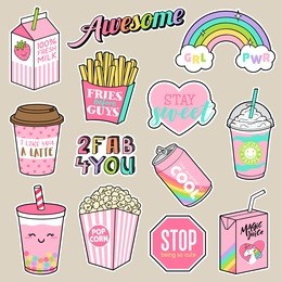 set of girl fashion patches, cute cartoon food badges, fun stickers design vector
in teenager girls concept
