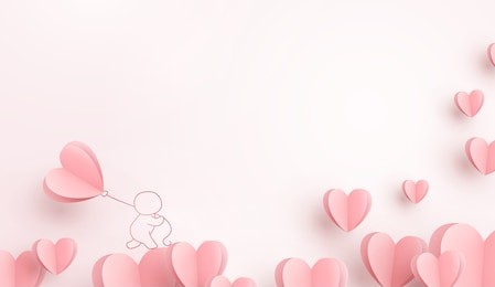 valentines hearts with man holding balloon. paper flying elements on pink background postcard. vector symbols of love in shape of heart for happy women, valentine's day, birthday greeting card design.