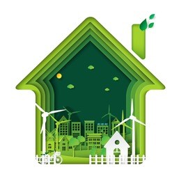 green living house with eco city abstract paper art background.ecology and environment conservation with nature concept.vector illustration.
