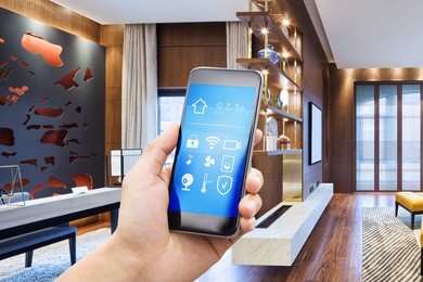 smart phone with smart home and modern bedroom