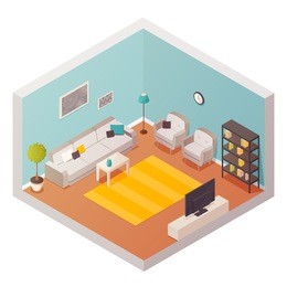 living room isometric interior with cartoon style decorations stuff and furniture carpet tv set lounge furniture  illustration