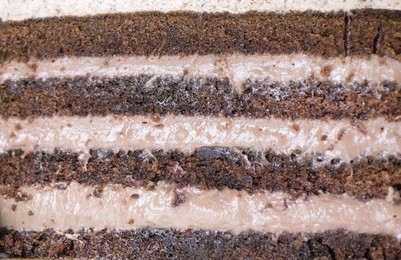 a festive chocolate biscuit cake in a cut with brown and cream layers. selective focus. home confectionery.
