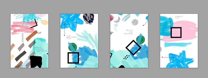 abstract universal art web header template. collage made with scribbles, marker, canyon strokes, black geometric shapes, ink drawn splashes. bright colored isolated on white background cover template.