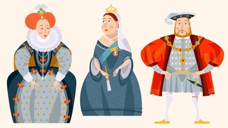 history of england. queen elizabeth i, king henry viii, queen victoria. vector illustration.