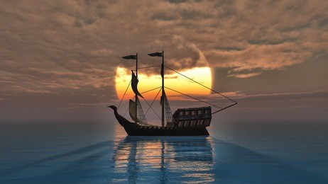 old ship in sea sunset