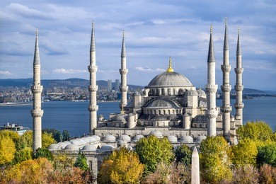 aerial shot of blue mosque (sultan ahmed mosque) surrounded by trees in istanbul's old city - sultanahmet, istanbul, turkey [autumn/ fall colors]