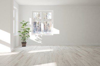 white empty room with winter landscape in window. scandinavian interior design. 3d illustration