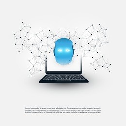 machine learning, artificial intelligence and global networks design concept with wireframe, laptop computer and robot head
