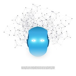 machine learning, artificial intelligence scientific research and networks design concept with wire frame mesh and robot head