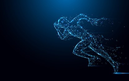 abstract running man form lines and triangles, point connecting network on blue background. illustration vector