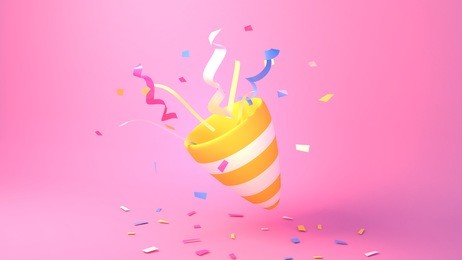 3d rendering picture of party popper. simple pink solid background with hard lighting effect.