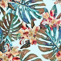 exotic leaves seamless pattern. watercolor background. hand painted illustration.