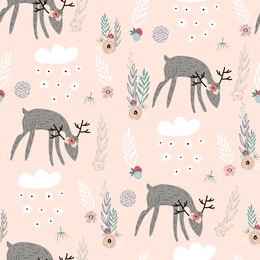 seamless pattern with deers, floral elements, branches. creative woodland background. perfect for kids apparel,fabric, textile, nursery decoration,wrapping paper.vector illustration