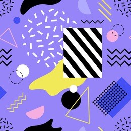 colorful modern seamless pattern with lines and shapes of various texture on purple background. trendy abstract backdrop. stylish vector illustration in memphis style for textile print, wallpaper.