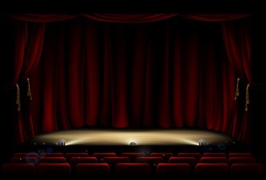 an illustration of a theatre or theater stage and seating with footlights and red curtains