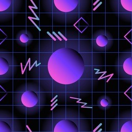 retro futuristic seamless pattern with glowing gradient colored circles and lines against dark checkered background. vector illustration in trendy style for wrapping paper, textile print, wallpaper.