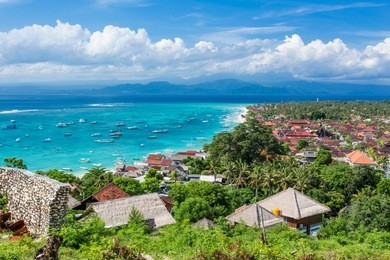main town of nusa lembongan island, bali, indonesia, with boats awaiting to go to mainland bali