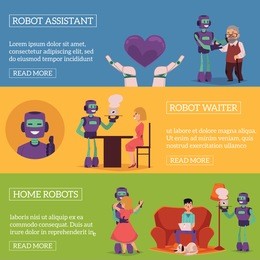 vector robots, artificial intelligence in modern life infographic conseptual posters set. robots assistants in medicine, waiters helping in restaurants and cafe, home robots helping with routine.