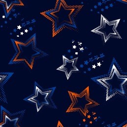 abstract seamless stars pattern on dark blue background. colorful night sky repeated backdrop. decorative space wallpaper for boys, girls, textile, clothes, wrapping paper. 
