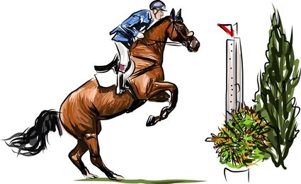 young horseman on show jumping competition. rider with horse jump over the hurdle