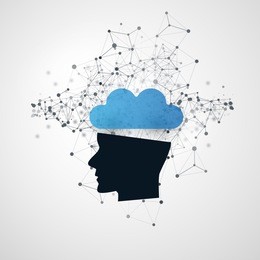 machine learning, artificial intelligence, cloud computing and networking design concept with network mesh and human head