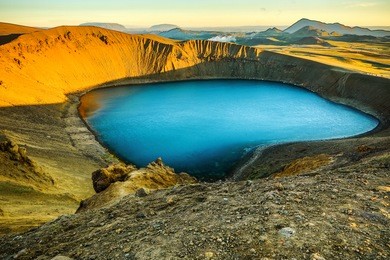 volcanic lakes of iceland. scenic landscape at sunset.