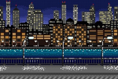 pixel seamless background with the image of the night city.vector. splits into segments. for games and mobile applications.