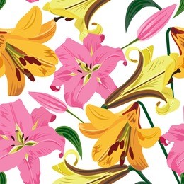 vector illustration of large lilies seamless pattern. colorful flowers on white background.