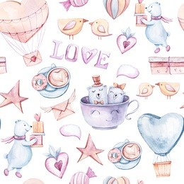 watercolor seamless pattern on white background. cute pattern with whale, balloons, star, strawberry, coffee, donuts, sweet