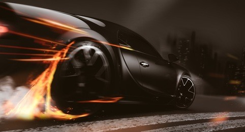 high speed black sports car - city street racer concept (with grunge overlay and motion blur) generic and brandless - 3d illustration