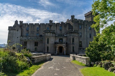 dunvegan castle and harbour on the island of skye, scotland