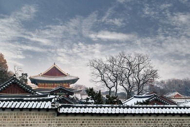 korean traditional architecture in the secret garden of changdeokgung palace in winter season - seoul, republic of korea