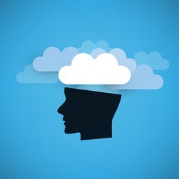 machine learning, artificial intelligence and networks design concept with clouds and human head