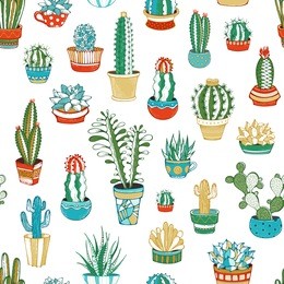 vector seamless pattern of cacti and succulents. cartoon cactuses and succulents in flowerpots and cups. some of them are with prickles or flowers.