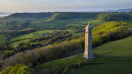 aerial view of the tyndale monument & the cotswold edge, wotton-under-edge, gloucestershire, uk