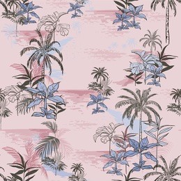 vector of hawaiian tropical print island seamless pattern print for summer vibes with leaves ,trees, plants,, summer flowers   on sweet pink background.