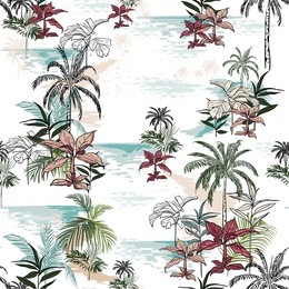 beautiful seamless island pattern on white background. landscape with palm trees,beach and ocean vector hand drawn style.
