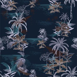 beautiful seamless dark tropical island pattern on navy blue background. landscape with palm trees,beach and ocean vector hand drawn style.