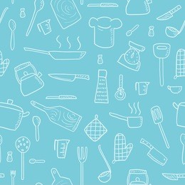 cooking utensils and kitchen tools - seamless background doodle vector.