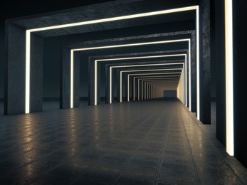 long dark corridor interior with futuristic light. 3d rendering