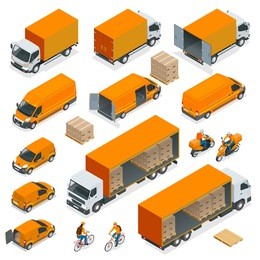 isometric logistics icons set of different transportation distribution vehicles, delivery elements. cargo transport isolated on white background.