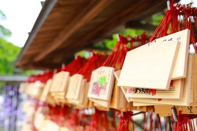 row of wooden plaque, as called ema, using for communicating wishes to god in daizaifu tenmangu shrine, japan