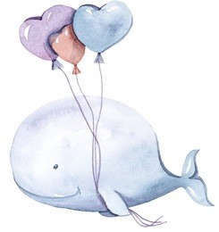 cute watercolor whale with balloons. illustration on white background
