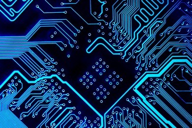 abstract blue computer circuit board close up for background.