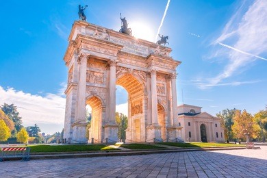 arch of peace, or arco della pace, city gate in the centre of the old town of milan in the sunny day, lombardia, italy.