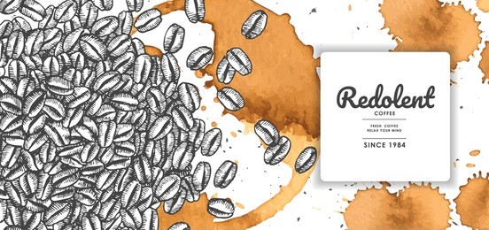 coffee illustration with coffee stain for product label or packaging.use by pen & ink sketch drawing technique.