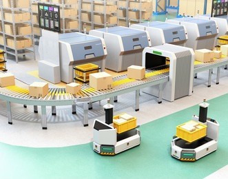 self driving agv (automatic guided vehicle) with forklift carrying container box near to conveyor. 3d rendering image.
