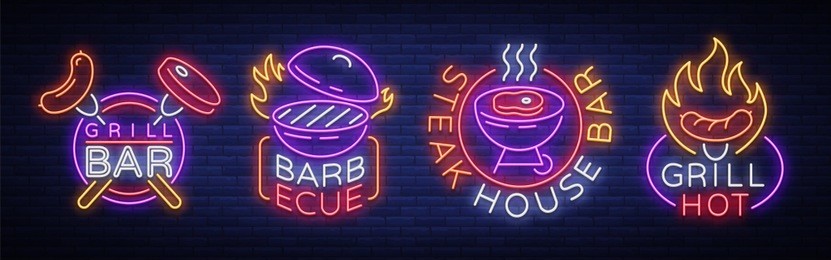 grill is a set of neon-style logos. vector illustration on the theme of food, meat of the same. collection of neon signs, grill bar, restaurant, snack bar, dining room. barbecue, steak house