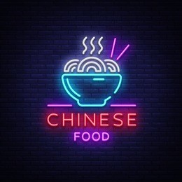 chinese food logo. neon sign, emblem, neon billboard, bright nightlight, luminous banner. bright neon advertising for chinese restaurant, dining room bar. asian cuisine. vector illustration